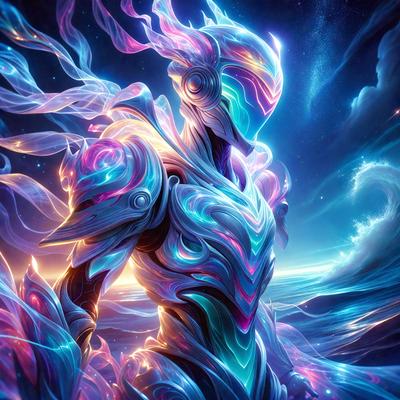 The primary subject of the image is a futuristic, colorful robot with a metallic appearance. The robot is the main focus of the image, and it is surrounded by a vibrant and colorful background. The visual style of the image is digital art, as it appears to be a digital illustration or drawing. The dominant colors in the image are blue, purple, and pink, creating a lively and energetic atmosphere.